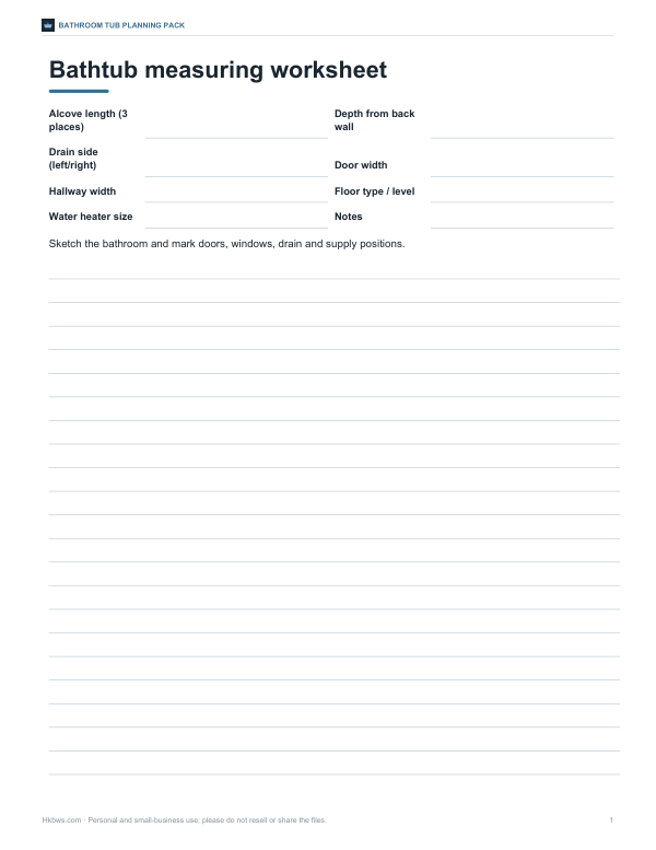Preview of Printable Bathtub Measuring Worksheet