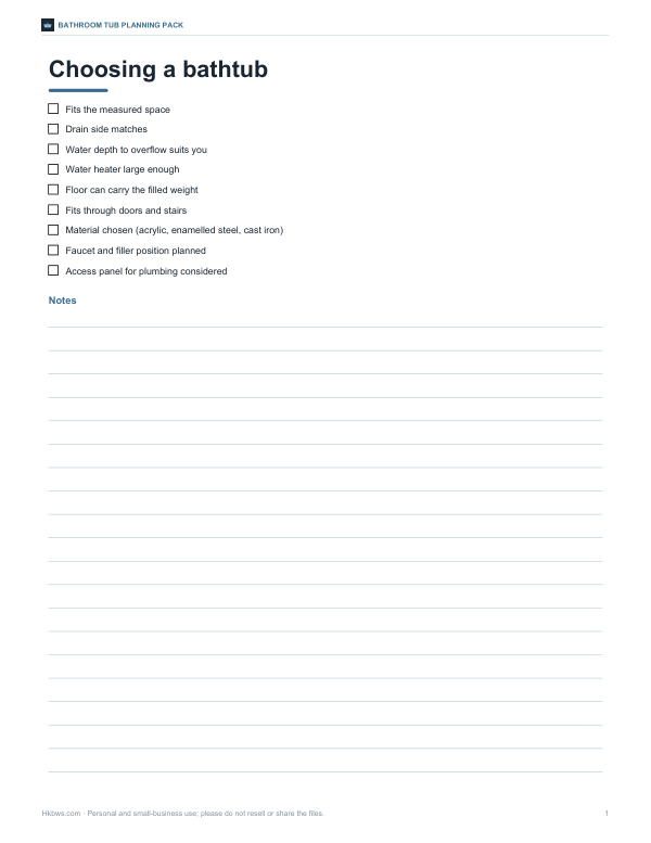 Preview of Printable Bathtub Selection Checklist